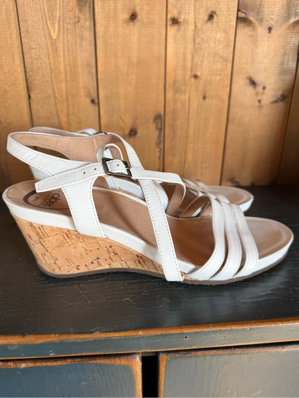 Abeo Bio System 3” White/Cork Leather Espadrille Strappy Wedge Sandal 9